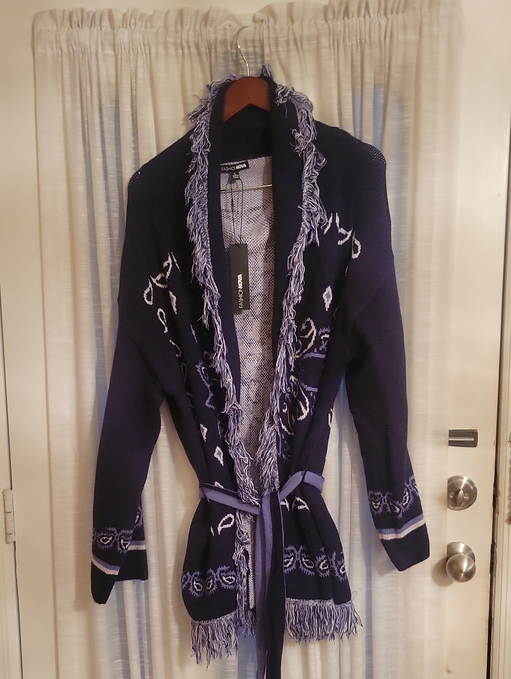 Fashion Nova Navy Fringe Belted Cardigan Coatigan Brand New